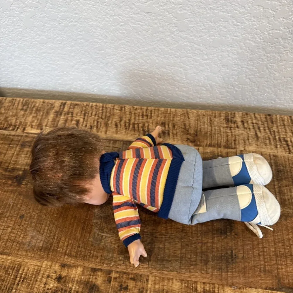 1974 Vintage Fisher Price Joey Lapsitter Doll #206 Tie Shoe Laces Striped Shirt